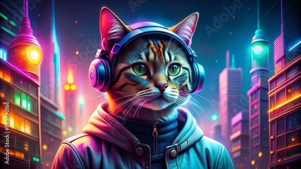 Fototapeta Fashionable anthropomorphic cat wearing trendy headphones surrounded by vibrant neon lights, jamming to beats in a futuristic urban setting.