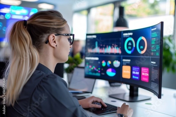 Fototapeta Female Professional on Sleek Desk with Large Curved Monitor Displaying AI-powered Data Dashboard in Modern Office