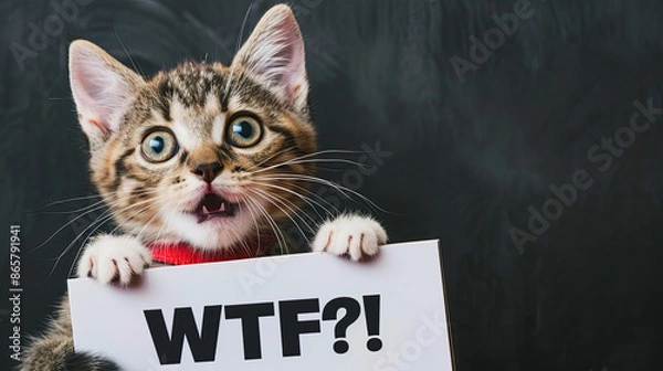 Fototapeta WTF?!  written on a sign beside a surprised cat with a red 