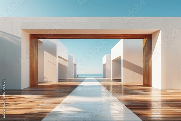 Fototapeta White Building on a blue sky backdrop.Modern concrete architecture.
