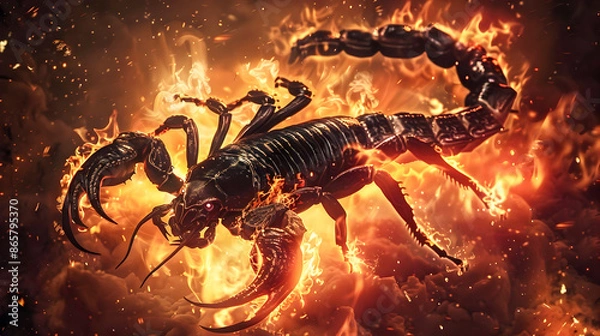 Fototapeta Dramatic digital depicting a fierce black scorpion enveloped by a raging fiery background  The scorpion s menacing presence and the intense apocalyptic flames create a powerful fantasy inspired scene