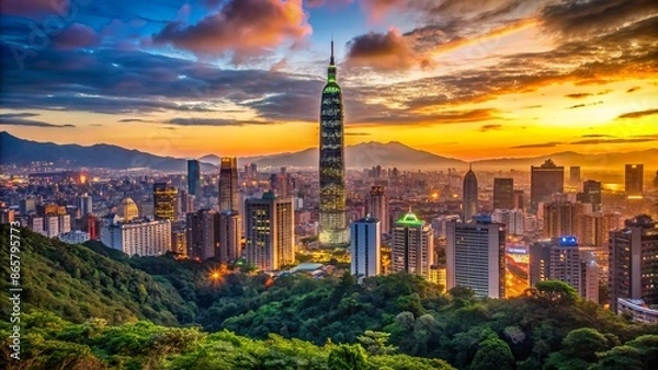 Fototapeta Vibrant evening skyline of Taipei Taiwan featuring grand skyscrapers and bustling cityscape with majestic mountains in the distant background.