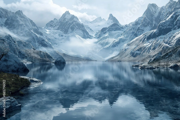 Fototapeta A tranquil alpine lake nestled among towering snow-covered mountains with a lake, reflecting the pristine landscape and capturing the serene beauty of nature in wintertime.