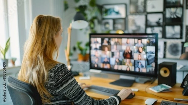 Obraz Young woman sitting for working at her desk in front of the computer, Video conference, Online working, Home office.