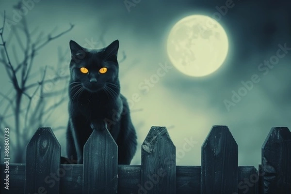 Fototapeta Black Cat with Glowing Eyes Sitting on a Spooky Fence