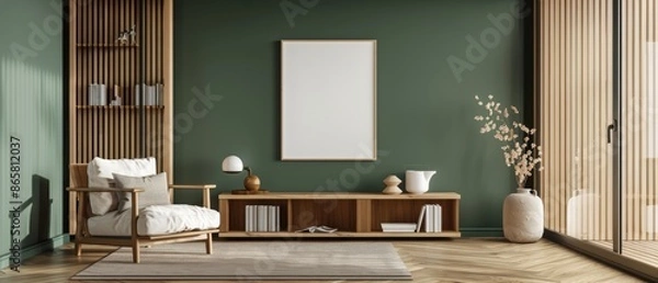 Fototapeta Wooden and green living room interior with shelves and poster