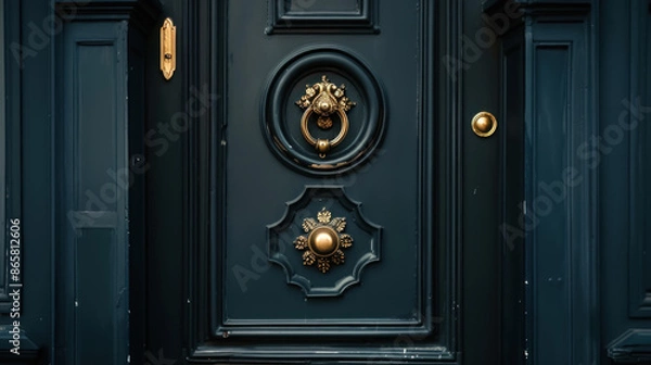 Fototapeta Mysterious black door with ornate gold handle, intricate design details