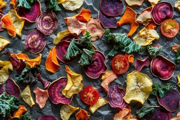 Fototapeta Top view of dried veggie chips made from various vegetables including beets carrots zucchini kale and tomatoes