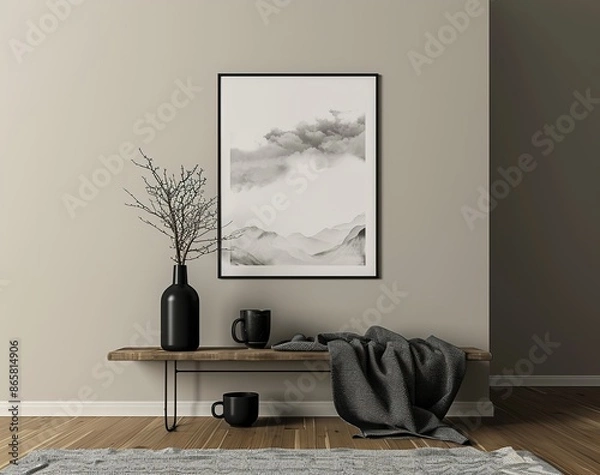 Fototapeta Black Framed Poster of Linear Minimalistic Mountain and Cloud Landscape on Beige Wall Above Console Table with Dark Vases, Grey Blanket.