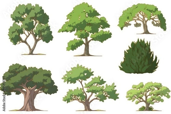 Fototapeta Set of different types of green trees and bushes. Nature, forest, park, garden, and landscaping design elements.