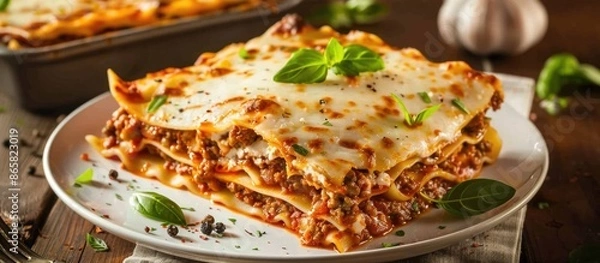 Fototapeta Homemade Italian lasagna with bolognese meat sauce, cheese, and basil on a white plate in a close-up shot.