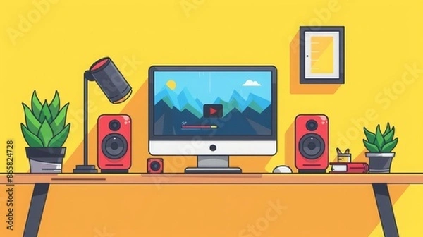 Fototapeta Modern home office desk setup with computer, speakers, and plants. Concept of work from home, freelance, creative workspace, technology.