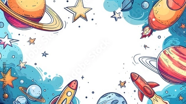 Fototapeta A colorful drawing of planets and rockets in space