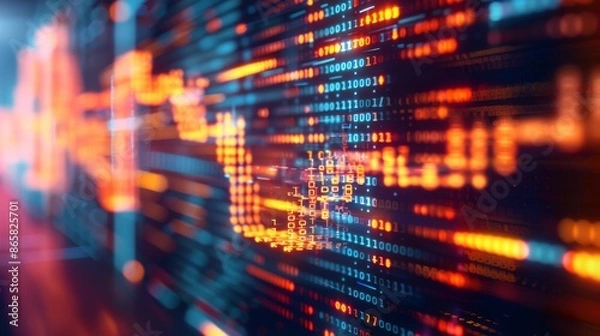 Fototapeta Abstract digital data and binary code depicting financial chart. Bright colors illustrating technology and data flow.