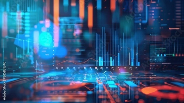 Fototapeta Futuristic financial data visualization with graphs, charts and code, concept of fintech, big data, and market analysis
