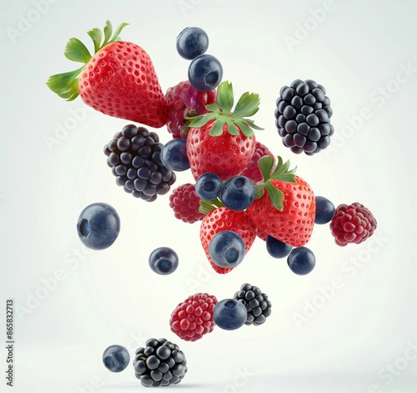 Obraz strawberries and grapes floating, white background