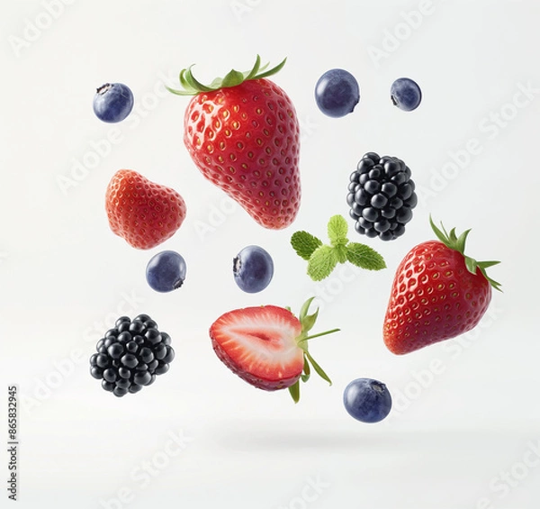 Obraz strawberries and grapes floating, white background