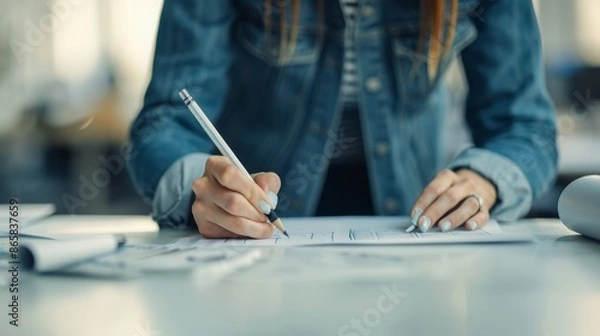 Fototapeta A person in a denim jacket writing on papers at a desk, focusing on work in a casual office environment.