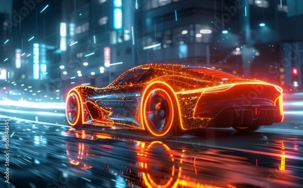 Fototapeta A car in motion with transparent digital elements.