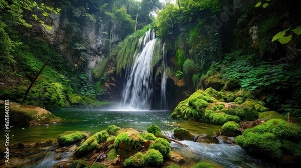 Fototapeta A hidden waterfall in a secluded forest, surrounded by moss-covered rocks and vibrant green foliage