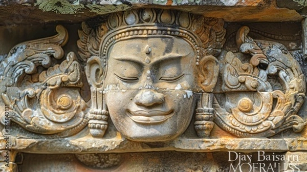 Fototapeta At the Bayon Temple, the enigmatic faces of the ancient stone carvings seem to whisper secrets of a bygone era.