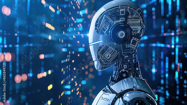 Fototapeta The AI robot looks at the smart screen