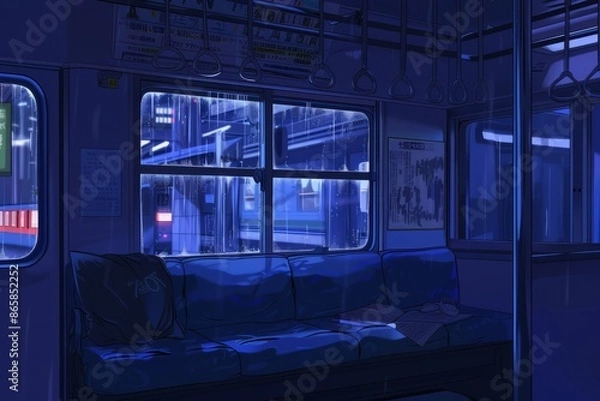 Obraz A train compartment with soft rain tapping against the windowpane, cozy vibe, Generative AI