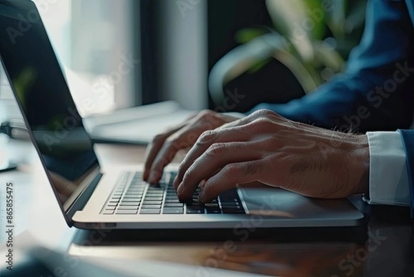 Fototapeta Close-up of businessman working on laptop computer on wooden desk in modern office