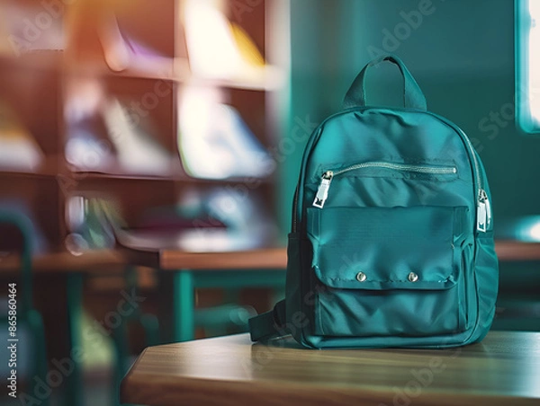 Fototapeta Back to school concept with backpack and copy space for text,
Stylish gray backpack with zippers and brown straps ideal for school 
