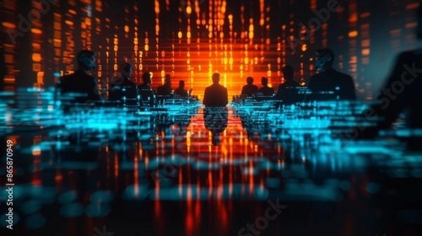 Fototapeta Futuristic concept of people navigating through digital data streams in a technologically advanced environment with vibrant lights.