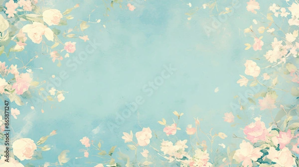 Fototapeta A watercolor floral background with pink and white flowers on a light blue background with copy space text for floral, design, and background.