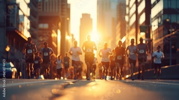 Obraz Group of runners participating in a city marathon during sunset, with the urban skyline as a backdrop. Energetic and inspiring scene.