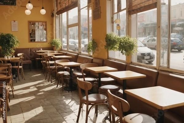 Fototapeta Light streams through a window in a stylishly furnished cafe with wooden tables and chairs