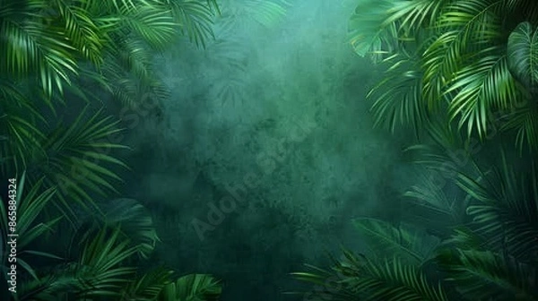 Fototapeta Mysterious jungle with lush green leaves and misty atmosphere, evoking the essence of tropical rainforest adventure.