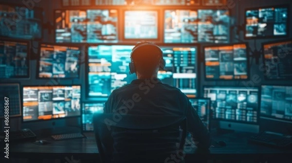 Fototapeta Person monitors multiple computer screens in a dark room, analyzing data and information. High-tech environment with advanced technology.