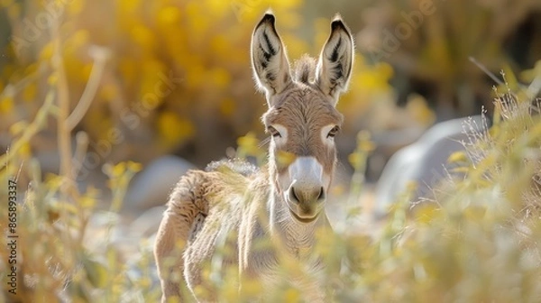 Fototapeta Portrait of a Donkey with a Funny Face in the Field 