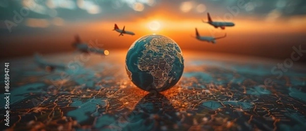 Fototapeta globe with airplanes flying around it - navigation concept for aviation
