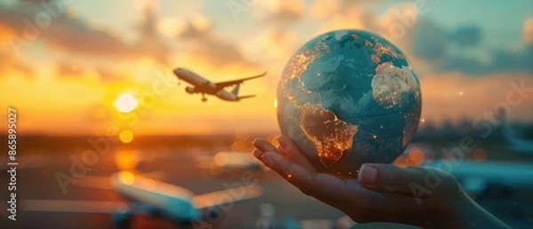 Obraz hand holding globe with airplanes flying around it - transportation and aviation concept.