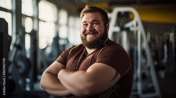 Fototapeta a fat young man  and smiling in the gym. 