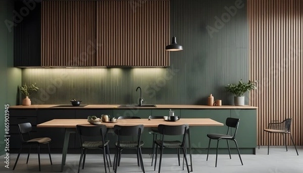 Fototapeta A minimalist interior design with a green kitchen and wood slat wall. Generative AI