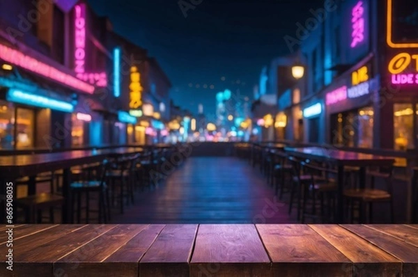 Fototapeta Wooden table in foreground of blurry nighttime city street with neon lights inviting atmosphere for drink or meal
