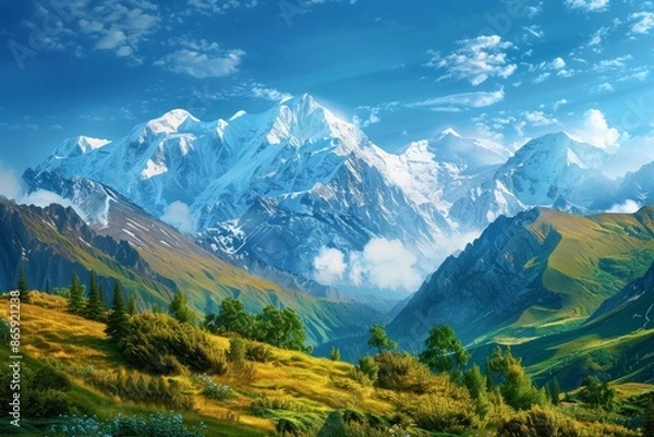 Fototapeta A majestic mountain landscape with snow-capped peaks, rolling hills, and a clear blue sky, evoking a sense of adventure and exploration