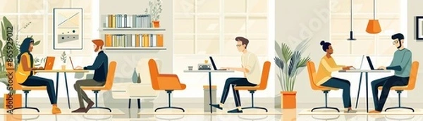 Fototapeta Illustration of a modern office with diverse team members working at desks, collaborating and using computers in a bright, open workspace.
