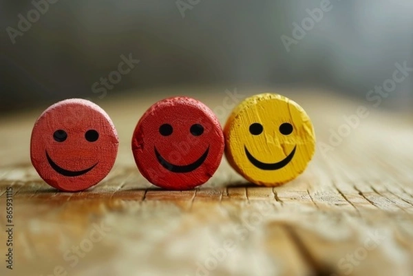 Fototapeta Graphic rendering of a customer satisfaction survey with smiley faces, depicting client feedback and happiness