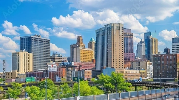 Fototapeta The skyline of Downtown Newark, New Jersey, presents a dynamic and evolving urban landscape. Tall skyscrapers and historic buildings rise against the backdrop of a clear blue sky