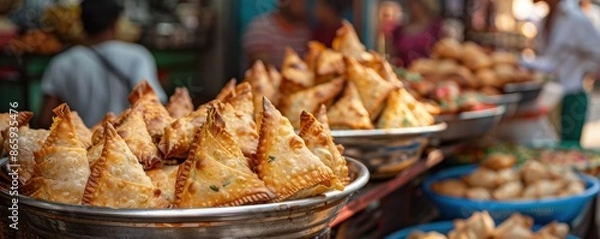 Fototapeta A large bowl of samosas is displayed on a table