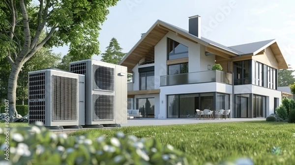 Fototapeta Modern home with efficient air-source heat pumps