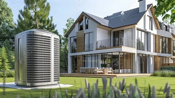 Fototapeta Modern home with efficient air-source heat pumps