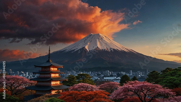 Obraz A Majestic Fuji Mountain Its Towering Snowcapped Peak Rising Against A Vivid Sunset Sky