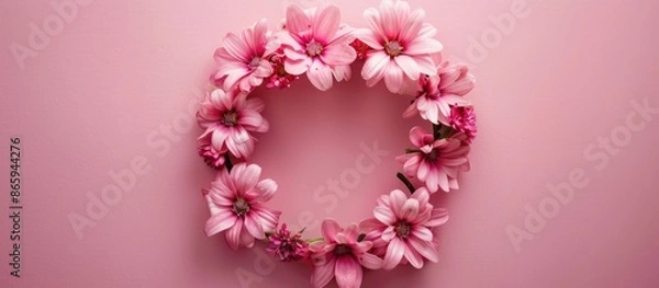 Fototapeta Pink flower arrangement on pink backdrop. Overhead view of a wreath made of pink flowers, with a plain surface and space for text.